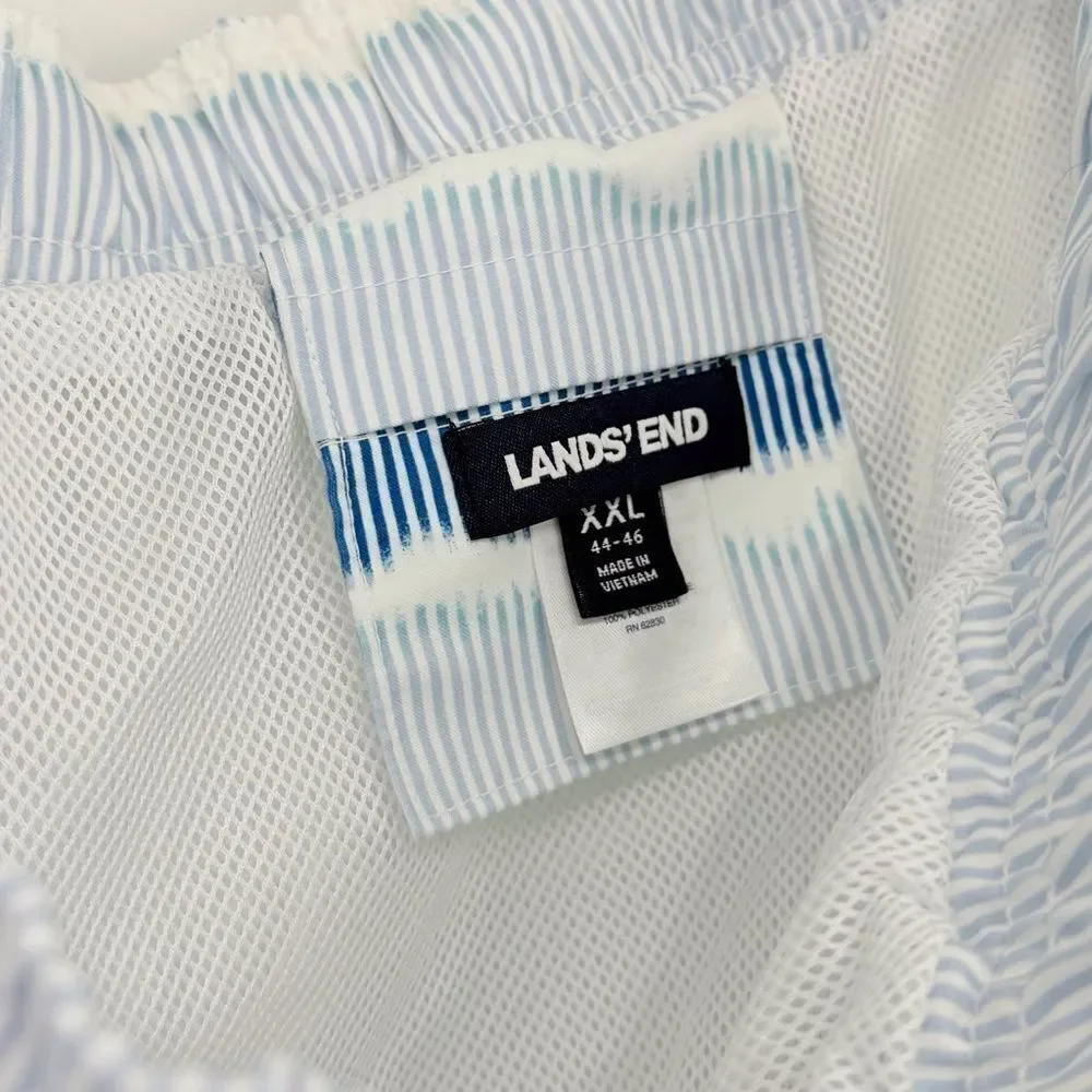 Land's End White Blue Squiggle Stripe Mesh Lined Drawstring Waist Swim Trunks